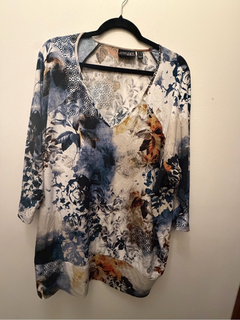 Attitudes by Renee Blue and Cream Floral V-Neck Long Sleeve Top